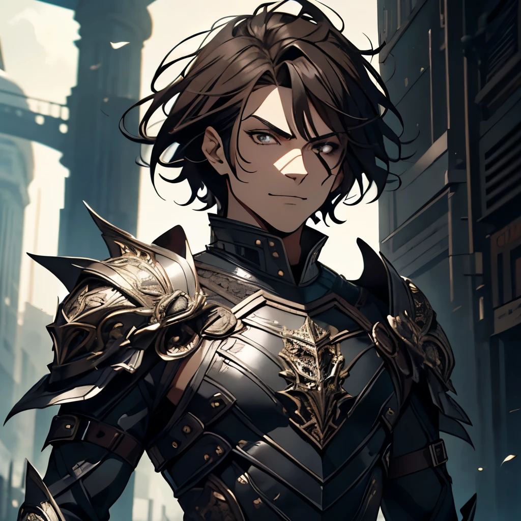 A grown man alone. male. age 25 years. height 1,75. whole body. short brown hair. short hair. Armadura leve de luta cor Black, Black, armadura na cor Black, with . haughty look. bright brown eyes . detailed eyes . gloomy countenance, smiling. dynamic pose . Tribal body tattoos