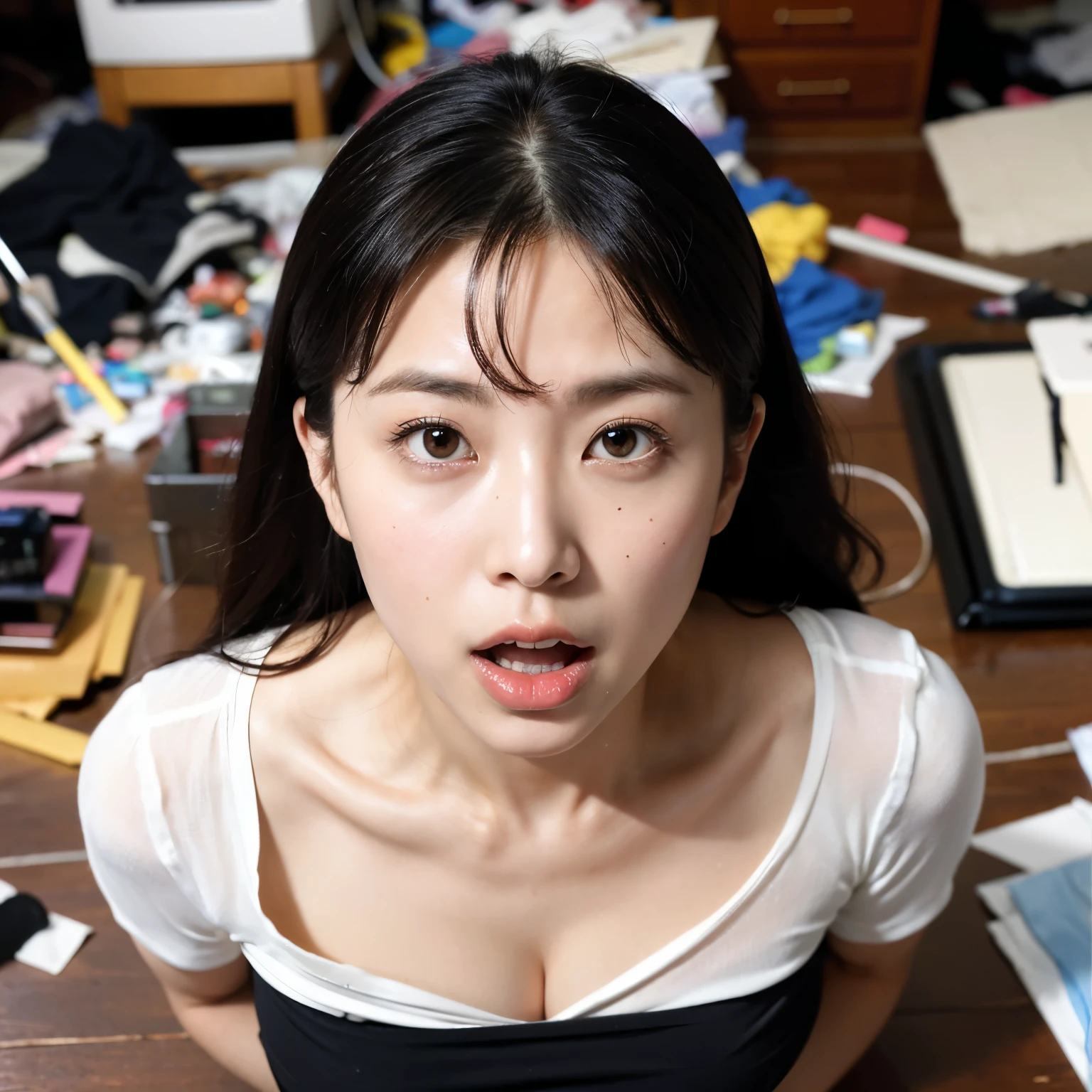 best quality 、8k、Masterpiece、 photorealistic, sharp concentration, high resolution, high resolution, portrait, Alone, Japanese , beautiful woman with sweat on her face, from above,(( dynamic pose)), blouse showing cleavage , Glamour Body ,( cluttered background , messy room:1.3), dark background , Surprised Face 、((( open your mouth)))