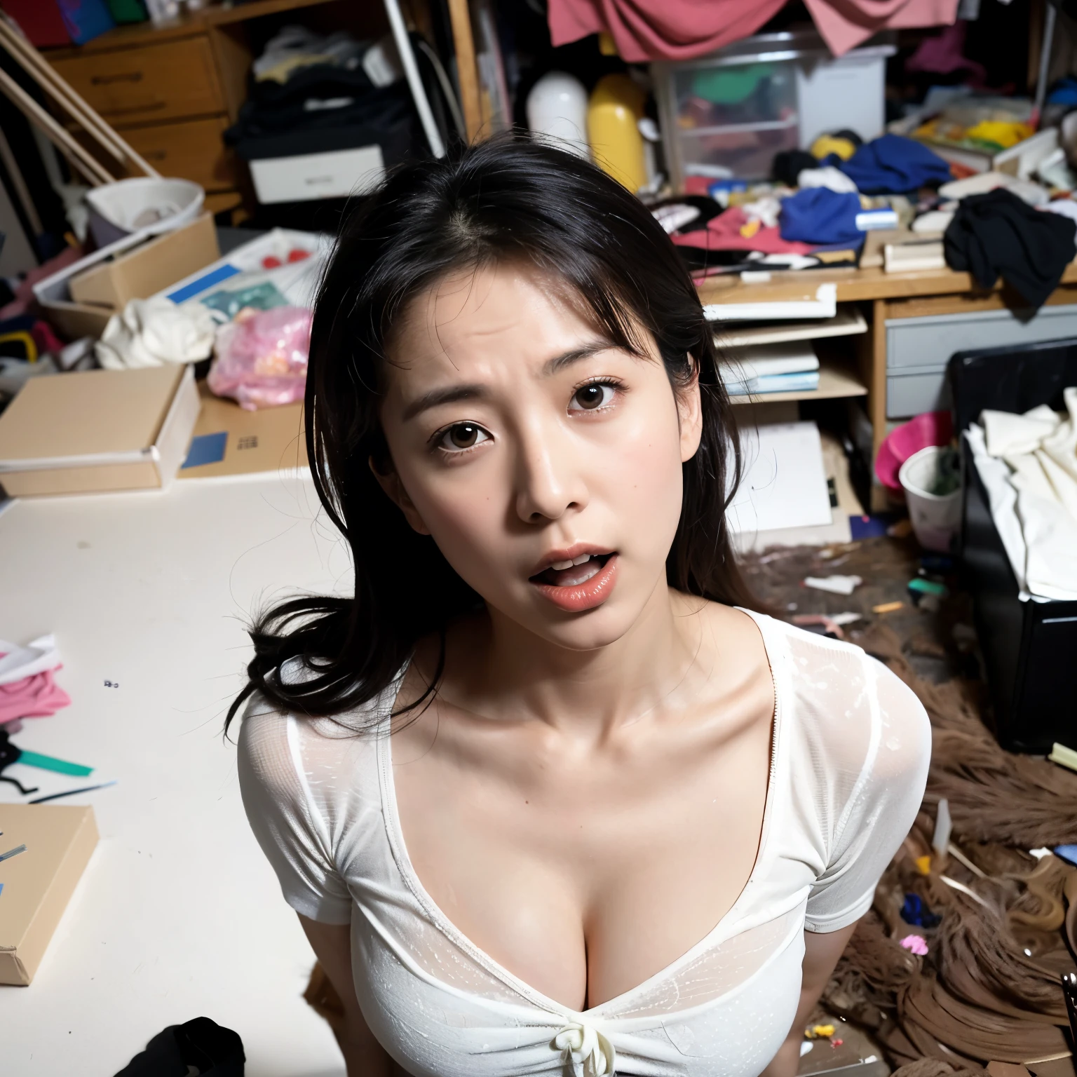 best quality 、8k、Masterpiece、 photorealistic, sharp concentration, high resolution, high resolution, portrait, Alone, Japanese , beautiful woman with sweat on her face, from above,(( dynamic pose)), blouse showing cleavage , Glamour Body ,( cluttered background , messy room:1.3), dark background , Surprised Face 、((( open your mouth)))