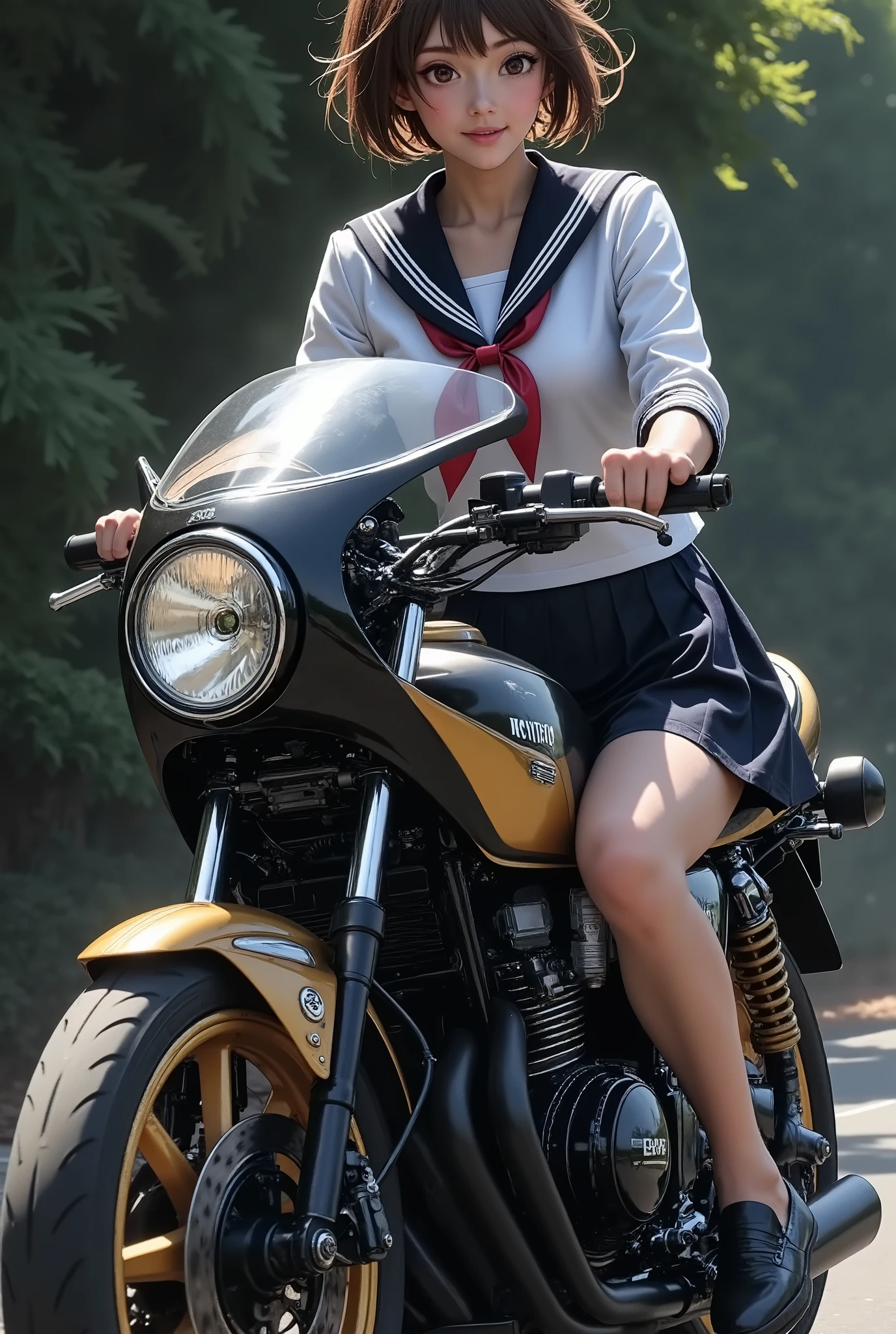   DOCUMENTARY PHOTOS,   realistic,   dramatic scene,     Very Beautiful Japanese High School Girl    , cute woman but Bad boy,  Beautiful white and clear skin  , ( 非常に短い黒いスカートの  sailor suit  ),   red ribbon  ,  Sera Clothing,   sailor suit  ,   white shirt,  wearing loafers , punk rock styled mature Bad boy,    brown short curly hair   ,   red lips, Bad boy, ( they are suffering   ),   Slim Waist  ,  She's riding a running motorcycle  。  the skirt is turned over in the wind and the underwear is visible 。