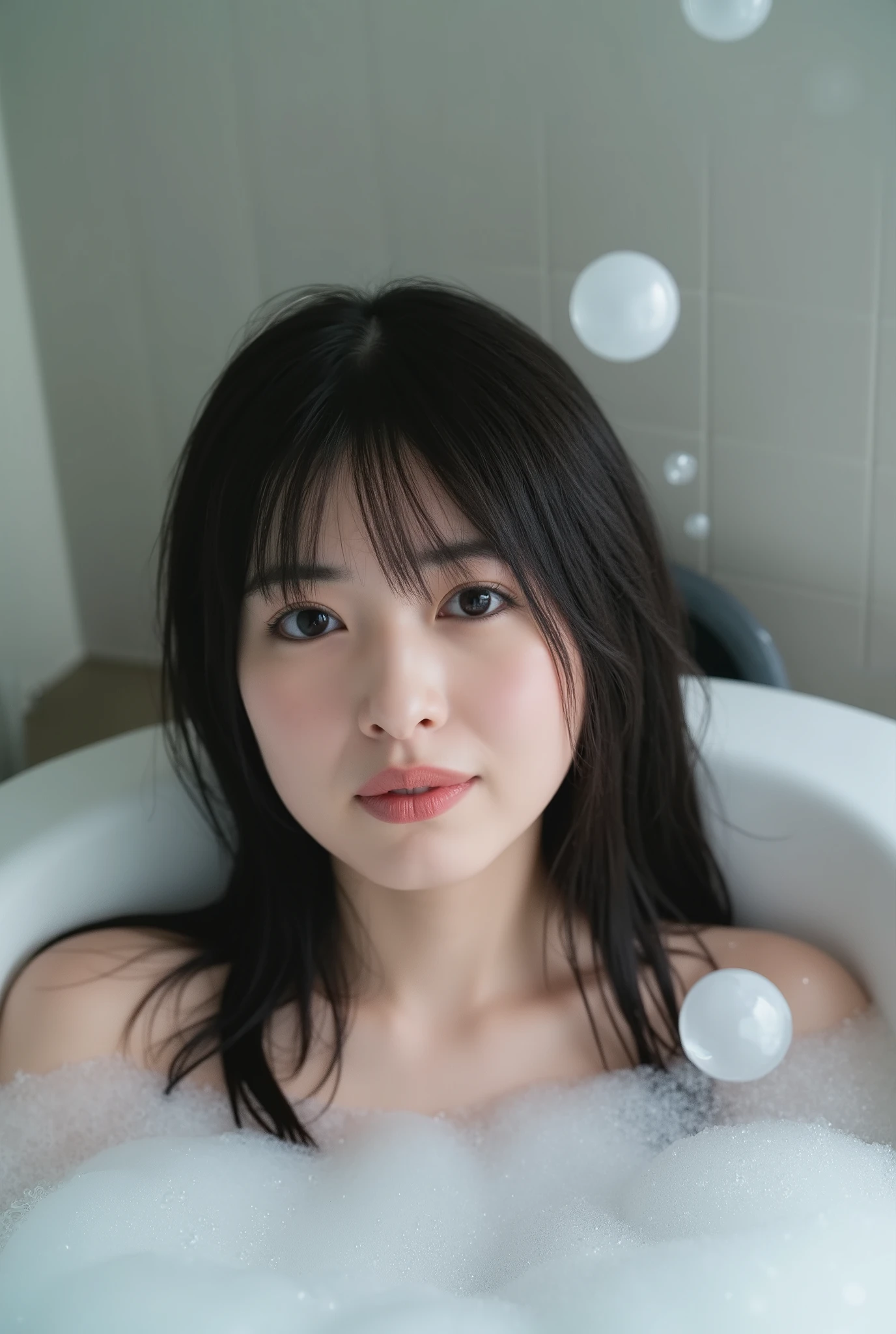 Professional Photography , realistic, Wong Ka-wai , A picture taken from above of an Asian woman lying in the bathtub, she has long, disheveled black hair , She is taking a bath, she has beautiful makeup , A bathtub full of bubbles , A picture of bubbles flying in the foreground , SFW censored with soap bubbles, complicated details