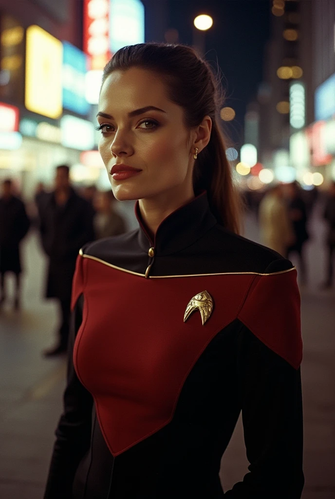 <lora:sevenofnine:0.6>,,sevenofnine, photo of a woman, ((dark red hair, short hair, hair tied back)),((outdoors, detailed fantasy city, city street, black bodysuit):1.1),((cowboy shot, waist, hips, thighs)), serious, (( lipstick, blush)), ((best quality, masterpiece, extreme details, high resolution):1.2),((detailed eyes, beautiful eyes, detailed face, beautiful face):1.2)