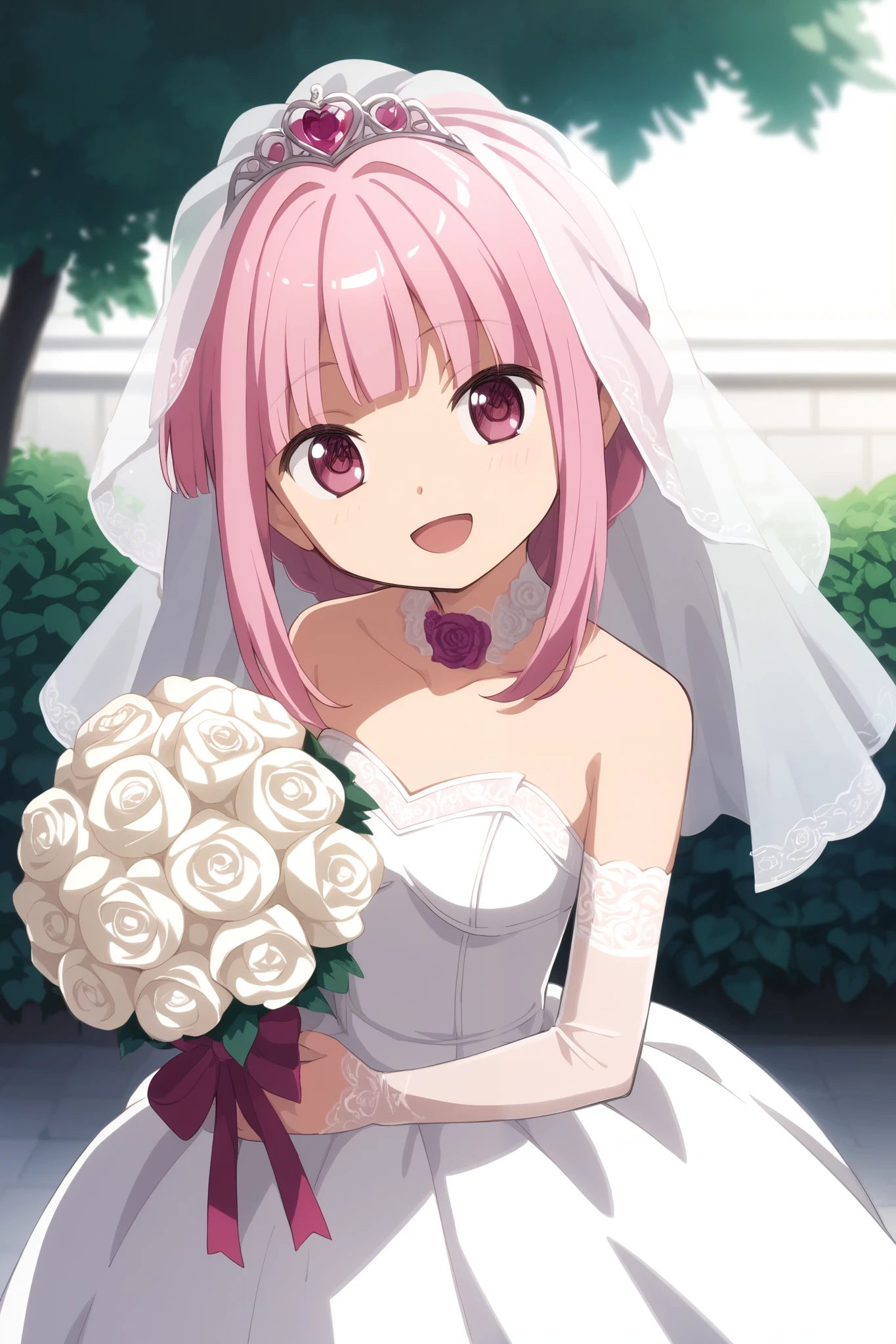 ((masterpiece), best quality, (((ultra detailed, 8k quality))), expressive eyes, perfect face, perfect anatomy, perfect body, scene, solo, 1girl, looking at viewer, iroha tamaki,bridal veil, wedding dress, white dress, strapless, garden, smile, open mouth, holding bouquet, confetti,