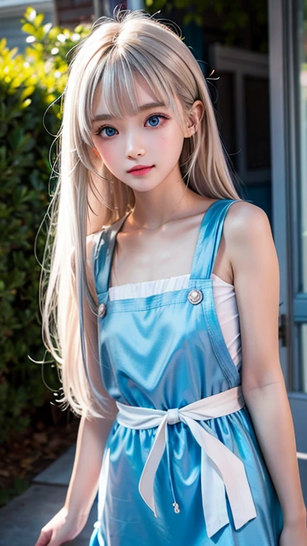 The most beautiful pretty cute faces、Russian beauty girl、bright expression、Very long and beautiful straight hair、half ponytail、Beautiful blonde hair shining golden、The most beautiful girl in the world、Sexy and cute beautiful 13 years old、Bangs swaying between the eyes、bright big pale blue eyes、snow-white shiny skin、shiny beautiful skin、dazzling gloss of cheeks、Transparent beautiful natural blonde silky soft hair、 whole body, leaning_forward, black_dress, garter_straps, petite, little, flat_chest, skinny,