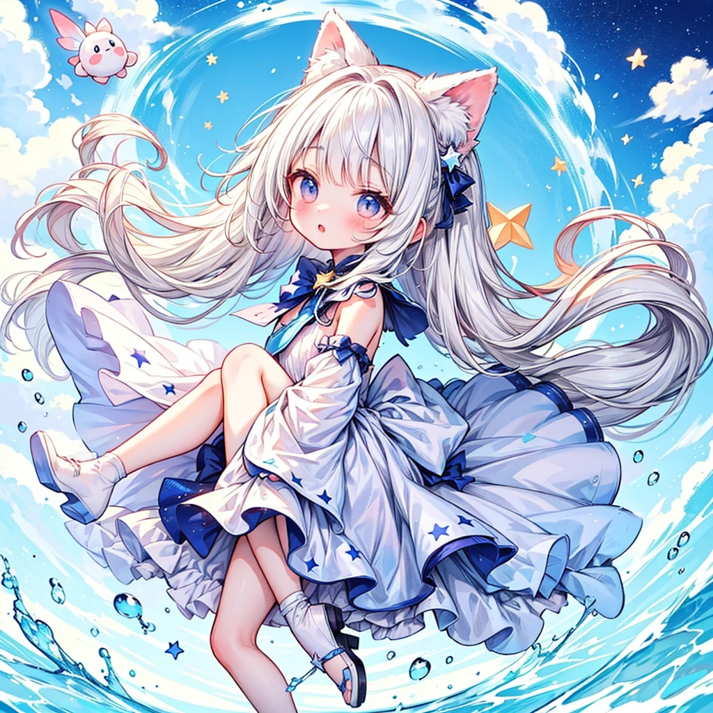 White clothes，Hu Hu is a very cute face，This is a cute sweet girl，Cyan eyes，bit girl，Poor milk，White color hair