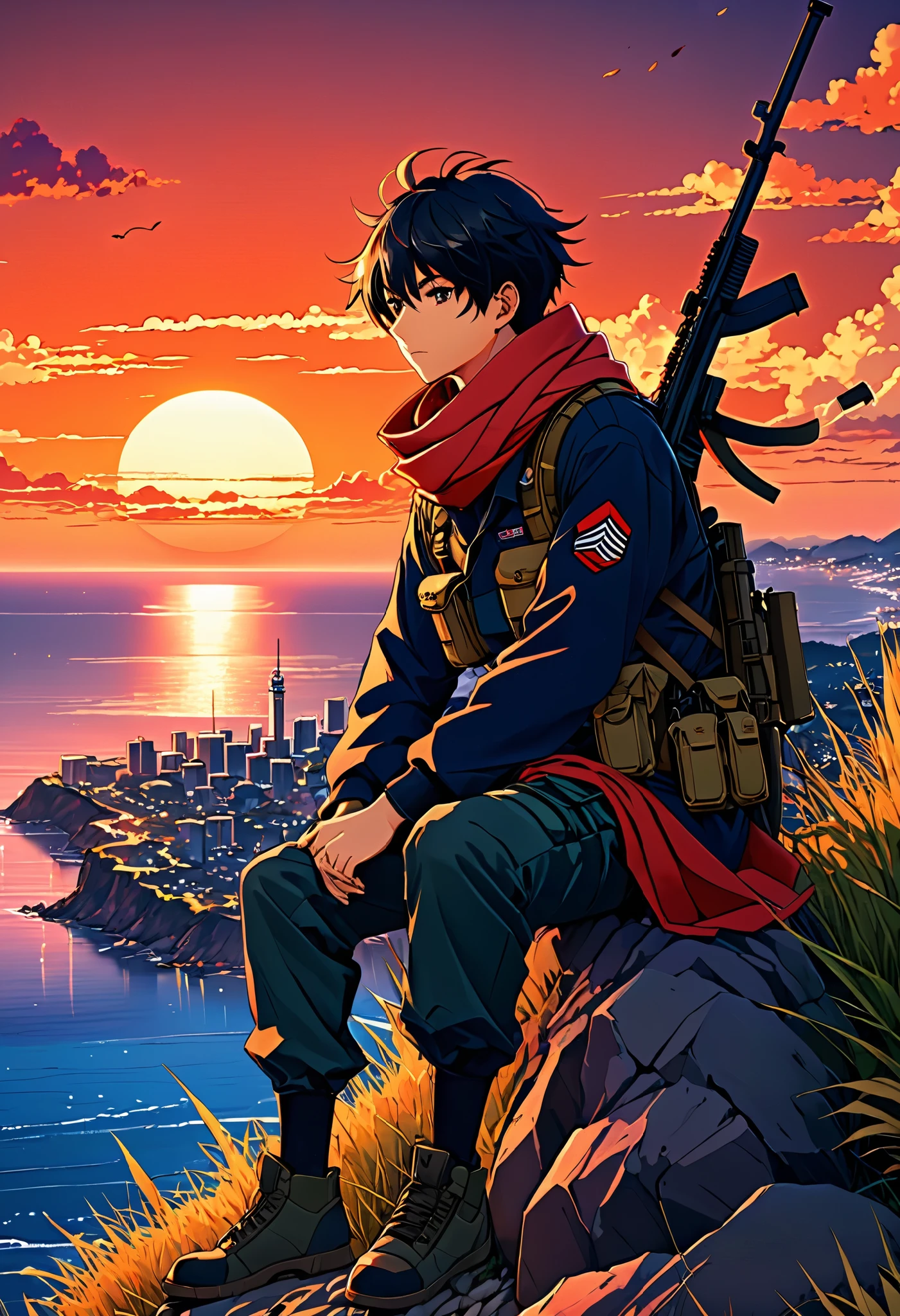 anime landscape of a boy sitting near the shore of a sea with Commando Captain holding a sniper rifle at ease, standing tall on a hill overlooking a city under twilight, the wind gently ruffling his tactical scarf., hellish orange and red sunset, anime nature wallpapers, beautiful anime scene, beautiful anime peace scene, Makoto Shinkai Cyril Rolando, beautiful anime scene, amazing wallpaper, anime art wallpaper 8k, anime background, art anime background, anime 4k wallpaper, anime art 4k wallpaper, anime art 4k wallpaper ,
