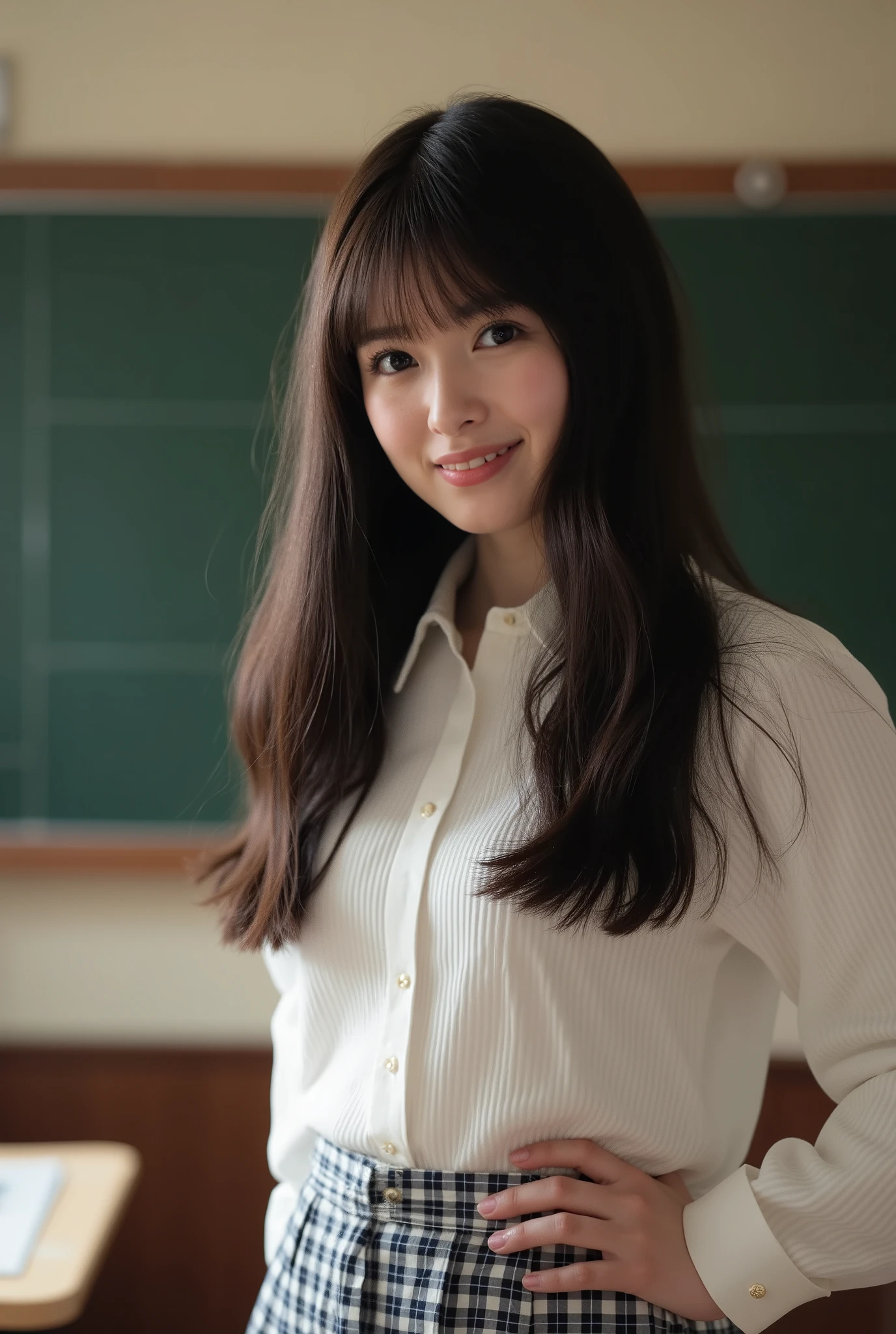analog, Nikon Z85mm, award-winning glamour photographgraph, ((  Best Quality )), ((Masterpiece:1.5)), (( realistic)), Shining rays,  high resolution,  detailed顔の特徴,  very detailed on trends,  clear focus , smooth , 非常に detailed表示,  Extra long body  ,   her butt is full of semen ,  octane render , photograph_\(Ultra\), photograph-realistic, Post-processed, ( max details:1.8),  realistic shadows, Roughness, Real Life, Ultra realisic, photograph realism, a photograph of a, 8K UltraHD, a photograph of a,  high resolution,  detailed,  sharp focus), Midea, 非常に detailed衣服, ( anatomically accurate :1.4), (Rosie Huntington ＝Whitely:1.8), (Alone:1.5), (blue eyes:1.5), (Extremely Precise Eyes :1.5), (long wavy black hair:1.5), (Hourglass body shape:1.6), ( Perfect Medium Boobs :1.6), (美しく detailed顔:1.6), ( Well-outlined cheekbones :1.5),  Audience ,  being crucified,  seductive gaze ,  bewitching smile, Erotic expressions, (Sexy smile:1.5),  close-up portrait ,  slouching forward , A woman is standing with her hands on her hips , There's a blackboard in the background , inside the classroom, Black Haired Goddess,  sexy high school girl , ( wearing a tight white blouse:1.6),   Deep Cleavage, Plaid Mini Skirt ,  Beautiful female hands ,  detailed手, ( anatomically accurate  hands and fingers:1.8), Warm lighting,   cozy atmosphere  .