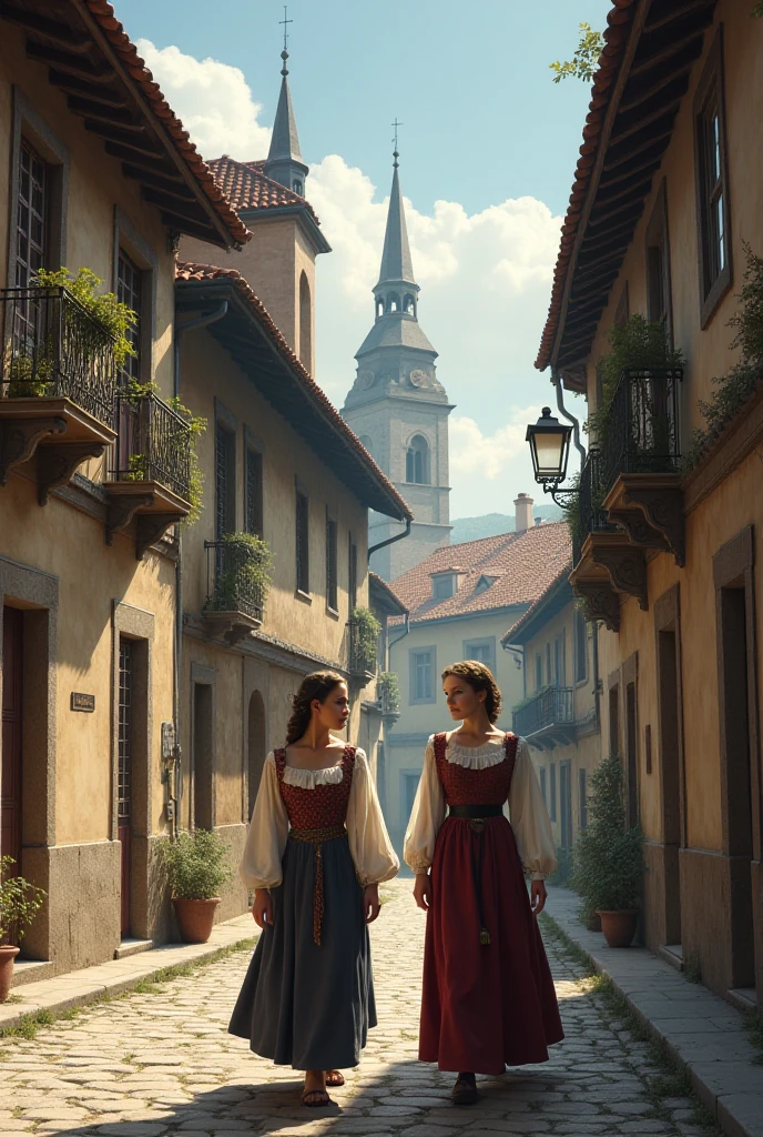watercolor drawing in Retro-Look, rural saxones village in Transilvania with fortificated church of bazna, man and woman dance, full body shot, in the style of classic Americana, white background, Andrew Loomis style, Masterpiece work of art, 