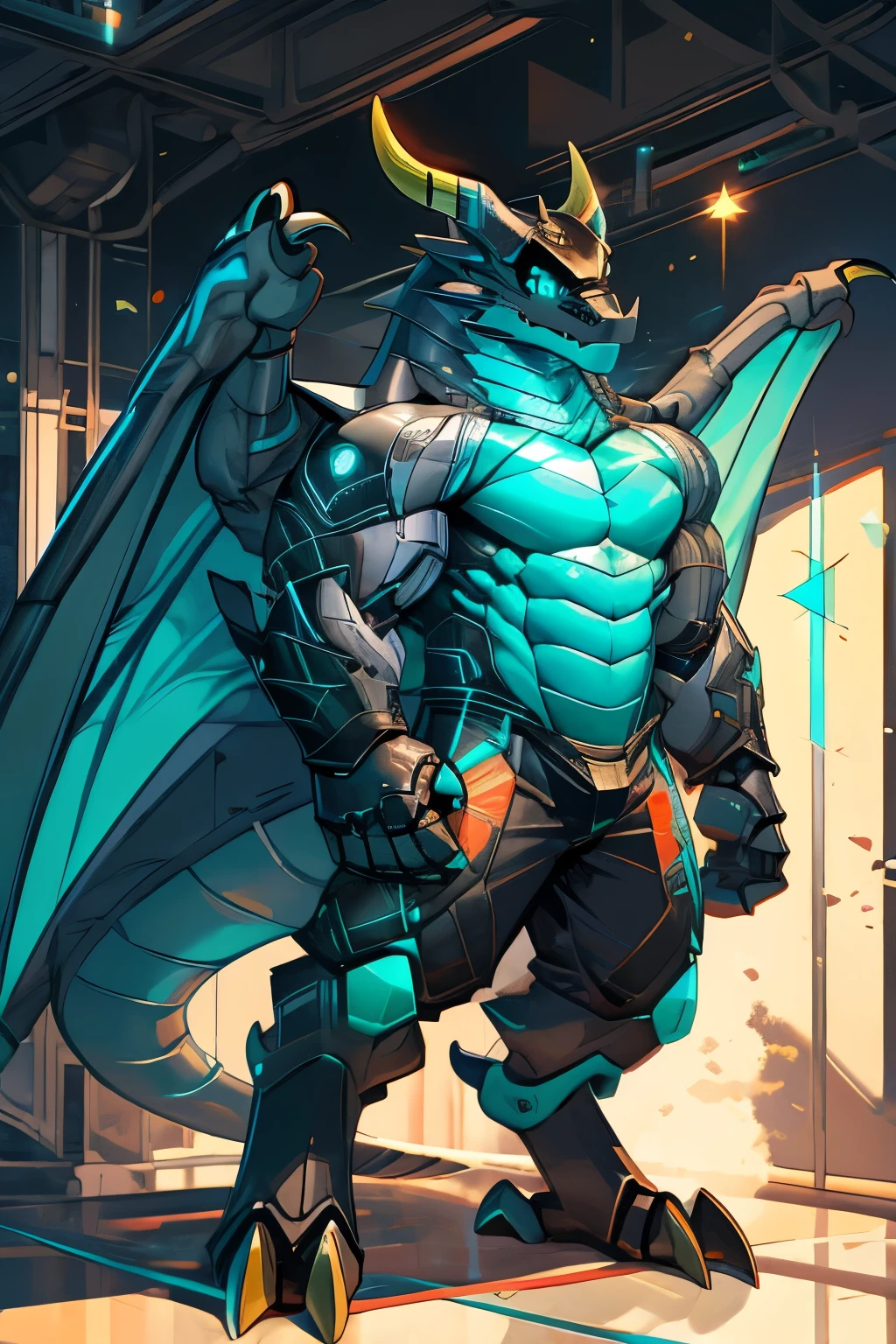 1 male, solo, Anthropomorphic dragon mechanical/Robot/Android/Mech, vibrant blue singularity-styled eyes, dual horned, cyan accent, light-grey steel/alloy frame, full-body