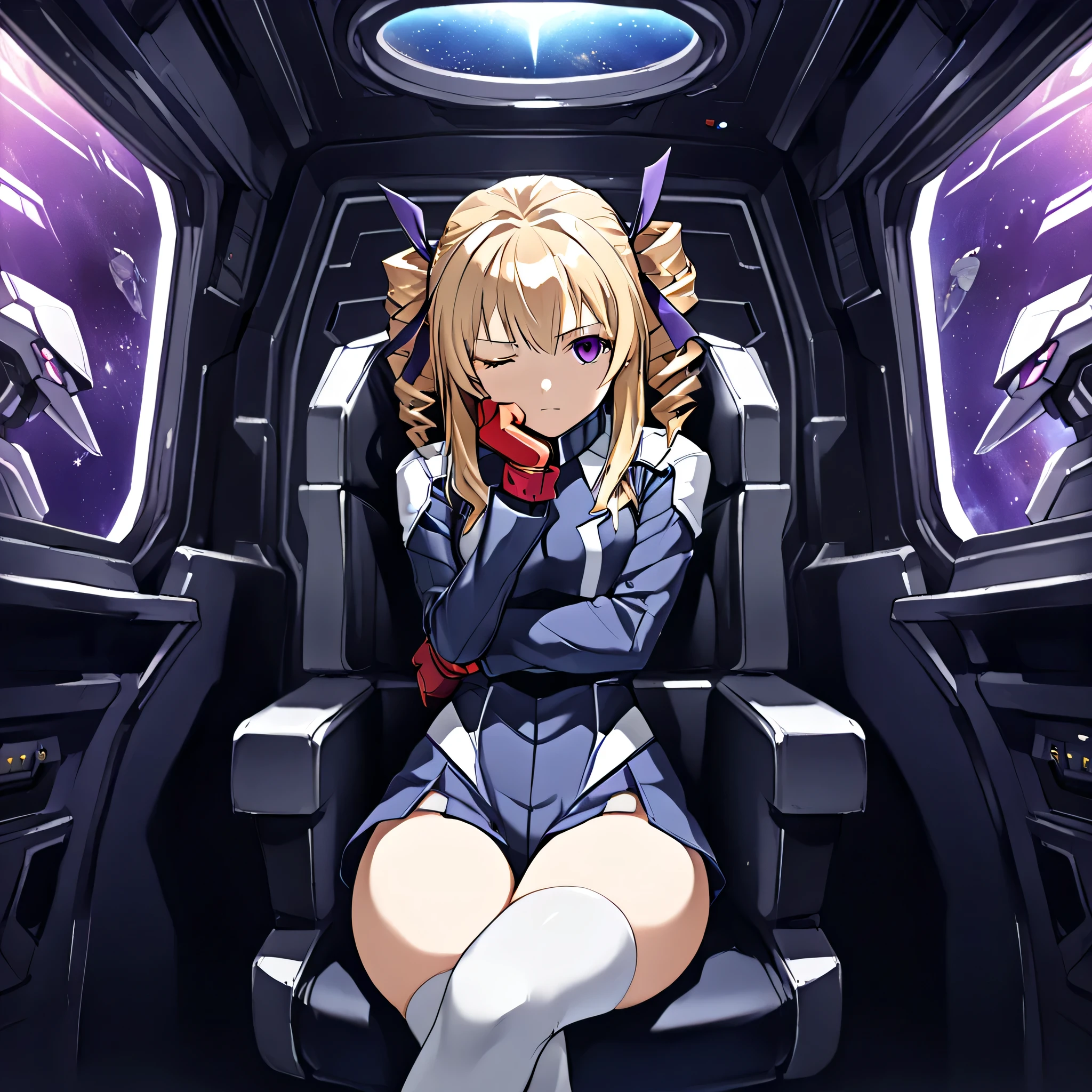anime, (masterpiece), (best quality), (ultra-detailed), (best illustration), (best shadow), (absurdres), (detailed background), (very aesthetic), shiny, detailed beautiful eyes, outstanding, countershading, detailed soft lighting, an exquisite animation illustration, 1girl, solo, anheang, Dollsuit, thighthigh, dark persona, empty eyes, expressionless, blank eyes, looking at viewer, red gloves, full body, emotionless, Fighting Stance, hair ornament, f_ko, blonde hair, twin drills, drill hair, purple eyes, sidelocks, hair ribbon, medium breasts, headset, thighhighs, zettai ryouiki, (((interior space ship, sitting, crossed legs ,head rest,hand on own chin,arm under breasts,one-eye closed, from below,dutch angle,)))
