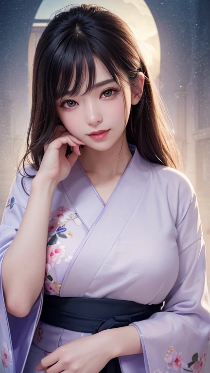 (logo、masterpiece、8K、Tabletop、RAW Photos、wonderful、最high quality、フォトリアリスティックでVery detailedな CG 複合 8K 壁紙、high quality、Very detailed、Narrative poem、Particle Effects、Dynamic Effects、Depth of the Boundary、Cinematic Light、Lens flare、Ray Tracing）、 (One beautiful woman wearing a yukata、White yukata、Light purple pattern)、Black-haired、High definition skin、Very fine、Fine skin texture、Beautiful Face、True Face、Beautiful details in the eyes、Realistic eyes、Beautifully detailed eyes、Realistic Skin、Beautiful Skin、Surreal、Smiling Eyes、Hair and light eyes、vivid、Colorful lights and bokeh、plump lower lip、Pink Lips、Hair flutters in Wind、Hair bounces、wonderful景色、night、evening、Wind、moonlight、moonlight、light