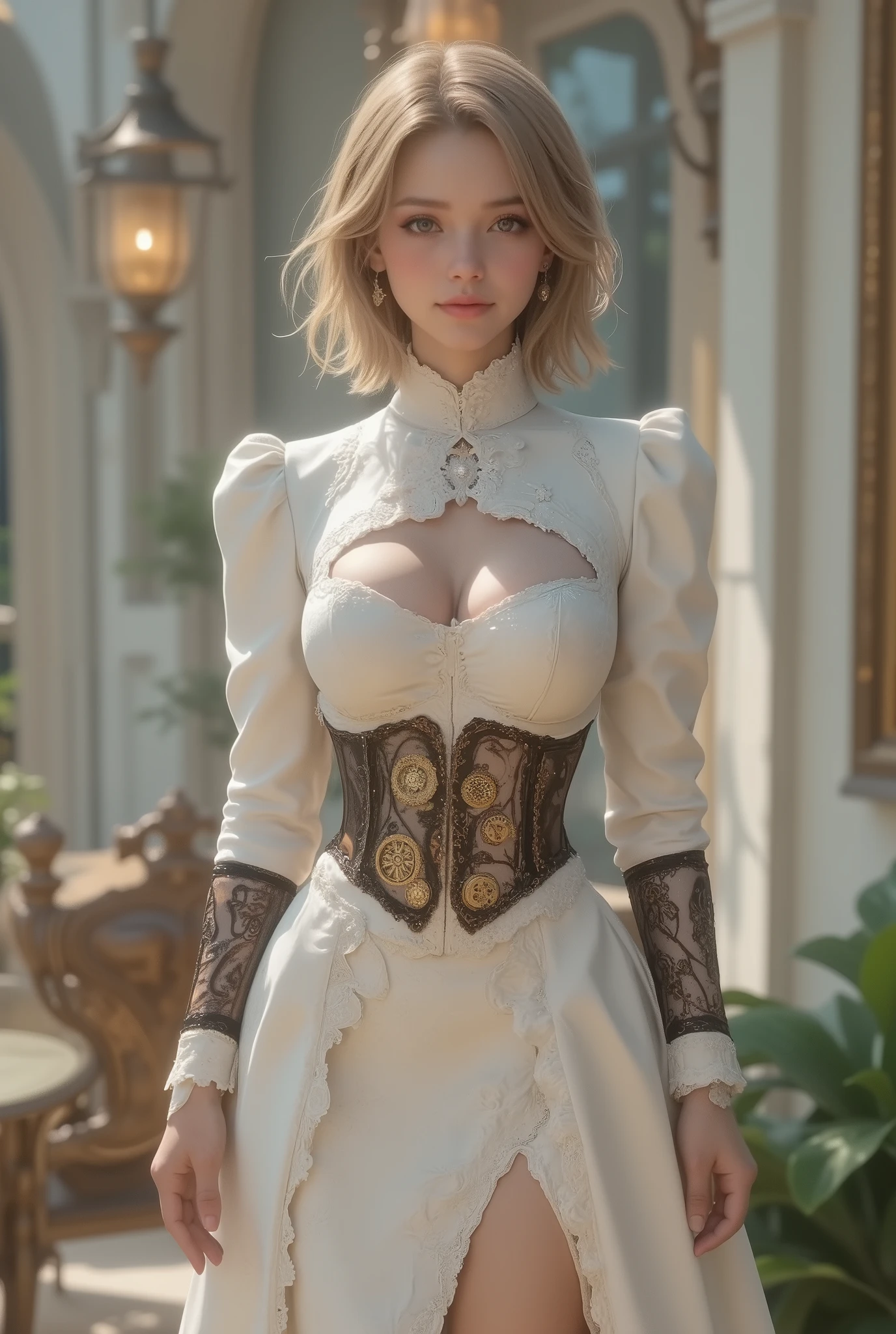 A charming, sophisticated and graceful formal feminine clockwork prosthetic ligament arm in a vibrant steampunk corset and a graceful hug in a white suit