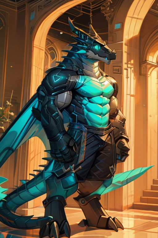 On the counter of a shop full of glowing potions,Dragon in medieval tights,There is a huge bulge in the pants,Greet you with a warm smile,Oblique view