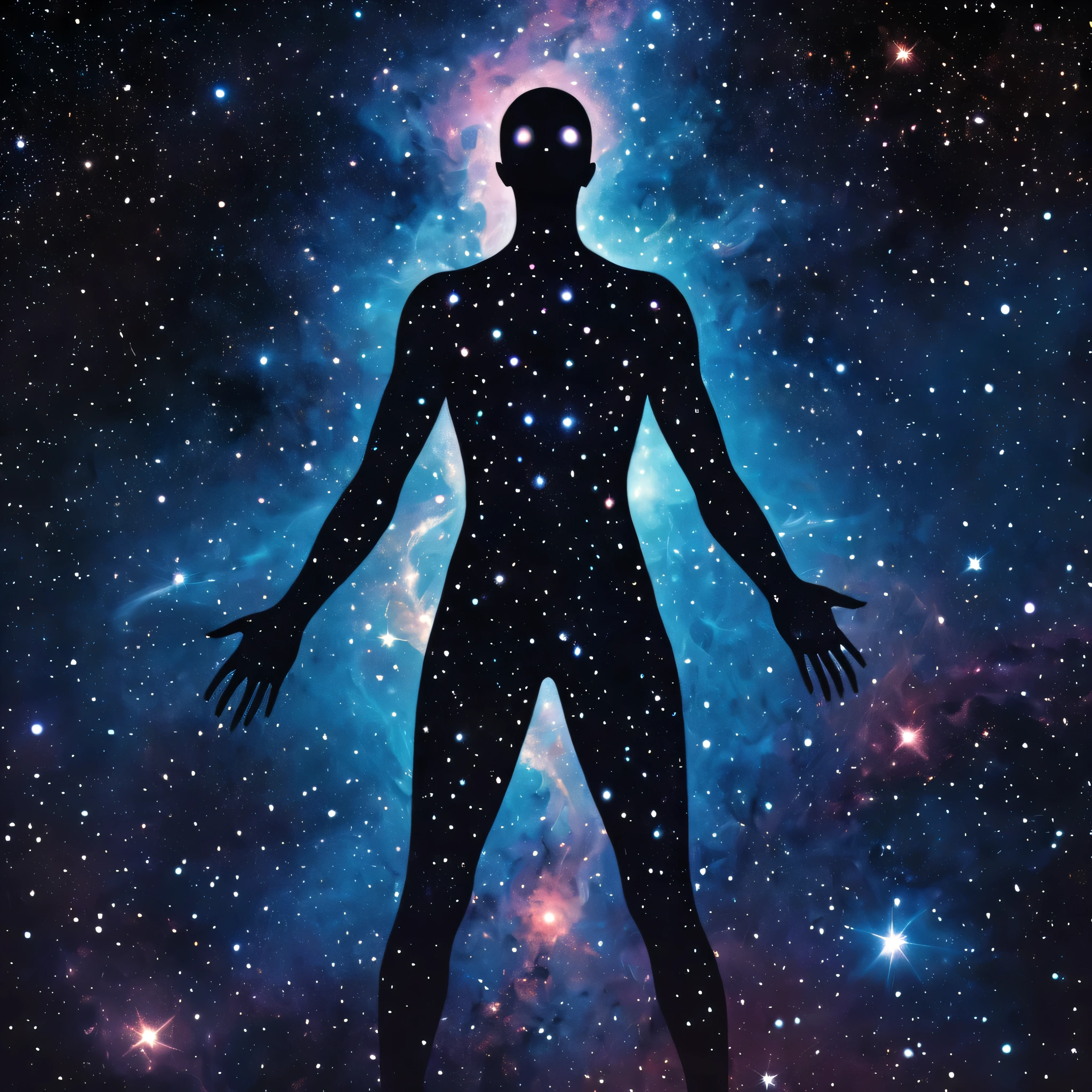 transparent human body shape, made out of stars, cosmic horror, outer space picture, lovecraftian picture, ,masterpiece