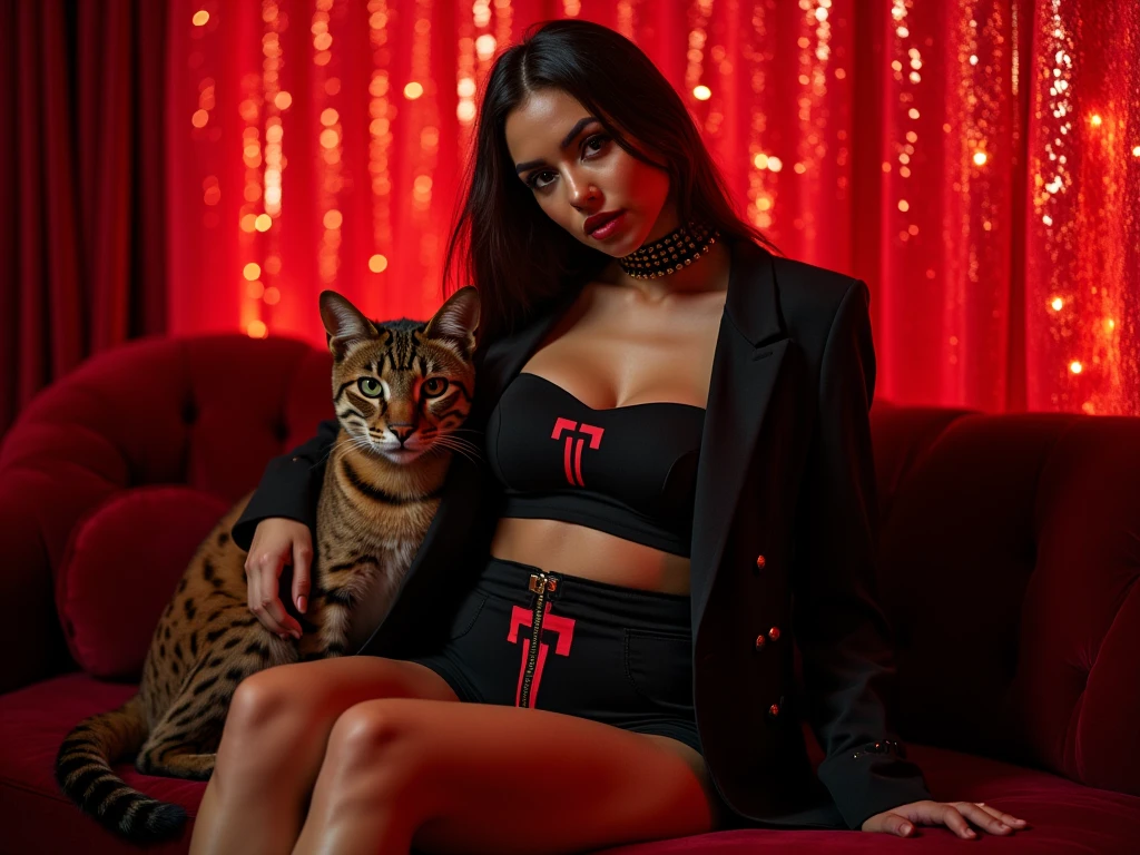 I girl with all red outfit and pink hair killing a black cat by a knife