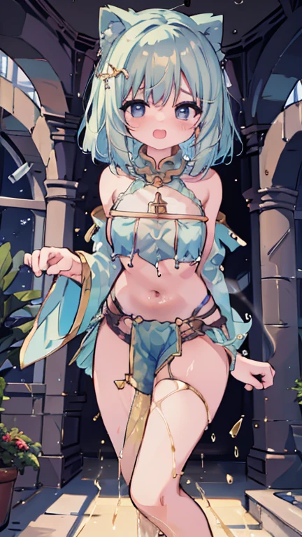 (((highest quality、first-clasasterpiece、Normal body、8k、Detailed face、Ultra-precision、Normal hand、Normal finger、5Finger、)))Brightly colored hair、Golden Turquoise Hair、Short Hair、Shortcuts、Sleeping habit head、Unshaven Head、Small breasts、Beautiful body、Brave、Brave Princess Knight、A sad expression、A look of amusement、Moist eyes、Legendary Sword、Sword of Light、Dragon Sword、Sword and magic circle、Magic Sword、The Great Magic of Light、huge magic circle、Shiny Tiara、Silver Breastplate、knight armor、metalic armor、Armor Skirt、Silver Leotard、Navel-baring leotard、Green belt、Silver Half Cloak、Evil Eye、Blue and scarlet odd eyes、Magic circle pattern on eyes、Demon King's Castle、Evil Cave、Swinging a Sword、Sweep with a sword、In combat、Heart mark on uterus、Heart pattern on abdomen、Heart tattoo on belly、Heart mark on navel、The Cursed Princess Knight、The Curse of Passion、Princess Knight Under a Spell、Princess Knight Trapped in a Spell、Chains in both handysterious World、Pink in the Brain、Walking Obscenity、Lewd temperament、Masochistic temperament