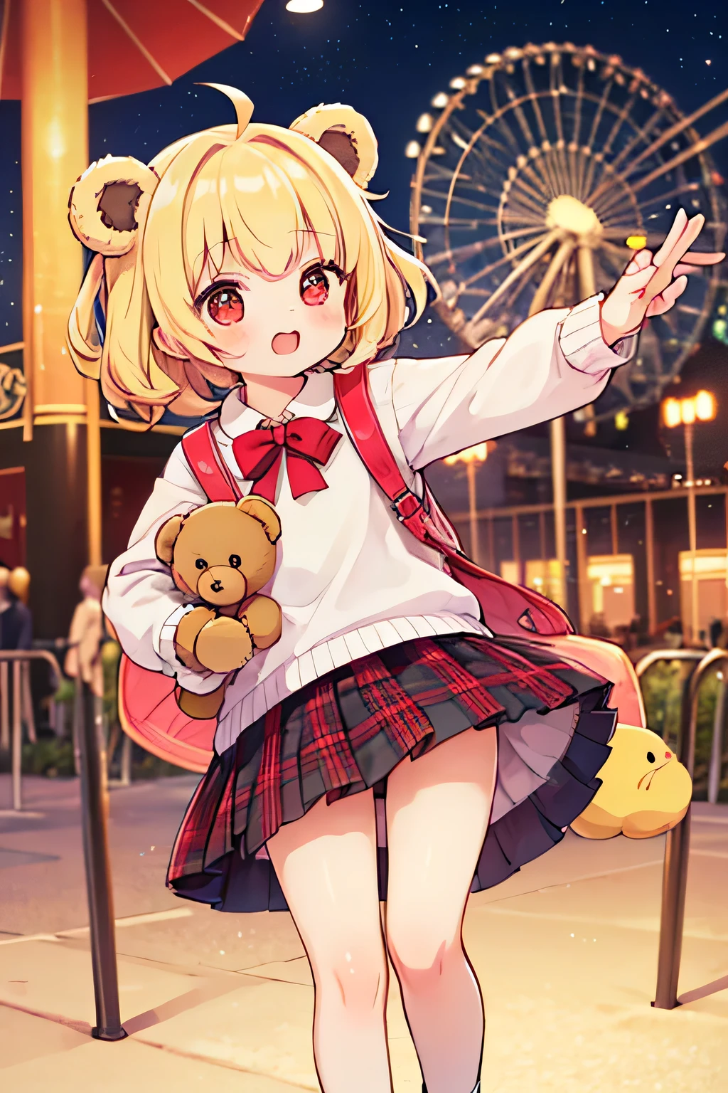 Very cute girl in an amusement park , short skirt , in a cute pose , Venue Theme Park, yellow twin-tail hair, red eyes, I'm holding a teddy bear , I'm wearing a cute teddy bear,