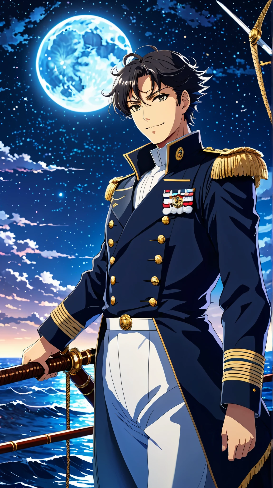 anime landscape of Navy Admiral standing at the helm of a grand ship during a moonlit night, holding a ceremonial sword, with a confident smile and a glowing ocean reflecting the ship's power , milk way ,starry sky, , anime nature wallpapers, beautiful anime scene, beautiful anime peace scene, Makoto Shinkai Cyril Rolando, beautiful anime scene, amazing wallpaper, anime art wallpaper 8k, anime background, art anime background, anime 4k wallpaper, anime art 4k wallpaper, anime art 4k wallpaper ,