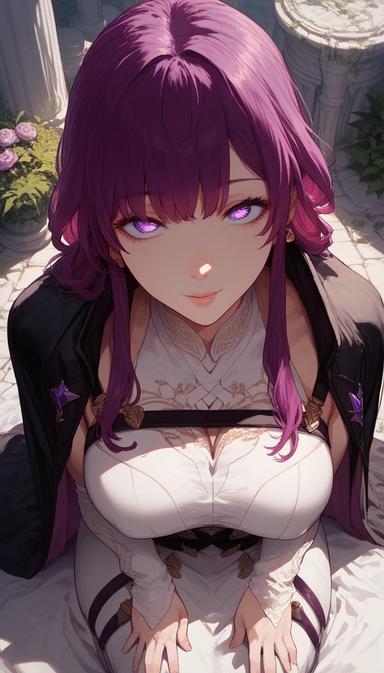 A pink haired woman with violet eyes is petting a giant violet wolf