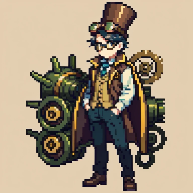 An eccentric inventor in a steampunk outfit with brass gears on a leather vest and goggles on his forehead，Full body photo