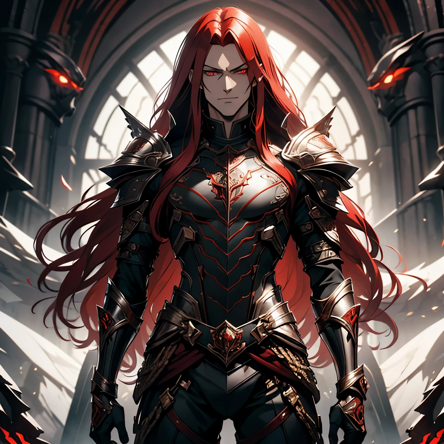 A grown man alone. male. age 27 years. height 1,80. whole body. long red hair . long hair pants. Armadura leve de luta cor Black, Black, armadura na cor Black, with . haughty look. glowing red eyes . detailed eyes . gloomy countenance, smiling. dynamic pose .