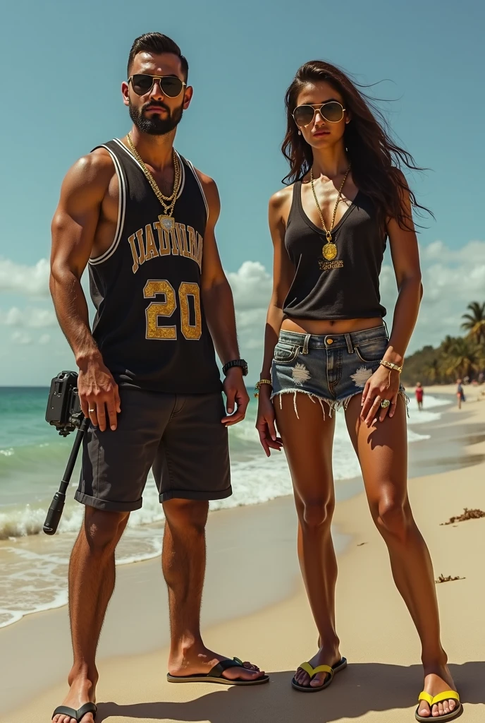 a sexy Indian woman wearing a yellow crop top, next to a handsome Indian man wearing a bowler hat and a black t-shirt, realistic photography, highly detailed, high contrast, an Olympic pool in background,