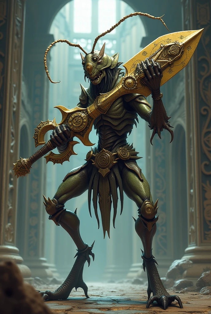 Humanoid insect with Yugioh-style medieval weapon - SeaArt AI
