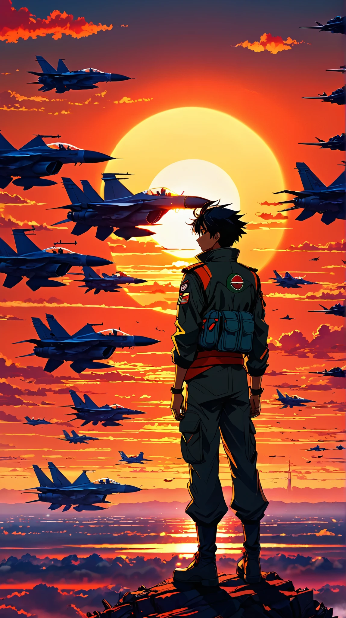 anime landscape of an indian young Pilot Leader standing proudly in front of an entire squadron of fighter jets, with arms akimbo, as the sun rises dramatically over the horizon., hellish orange and red sunset, anime nature wallpapers, beautiful anime scene, beautiful anime peace scene, Makoto Shinkai Cyril Rolando, beautiful anime scene, amazing wallpaper, anime art wallpaper 8k, anime background, art anime background, anime 4k wallpaper, anime art 4k wallpaper, anime art 4k wallpaper ,