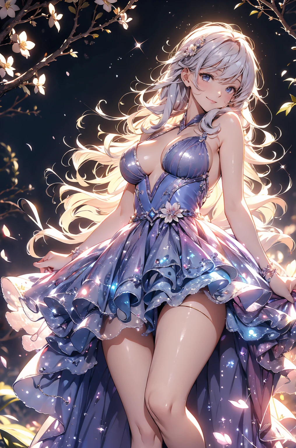 Top quality, masterpiece, incredibly beautiful, very delicate 8k wallpaper, transcendently beautiful girl, gal, (tanned skin:1.5), long hair, (blonde hair pink gradient hair), BREAK, long eyelashes, makeup, sparkling eyes, BREAK, (sequin dress:1.4), flat_chest, huge_breasts, wide_hips, BREAK, (Opens mouth and laughs), (innocent smile), BREAK, (five fingers, 4fingers and 1thumb), (bare limbs:1.5), sitting, on the bed, windows, curtains, daytime,