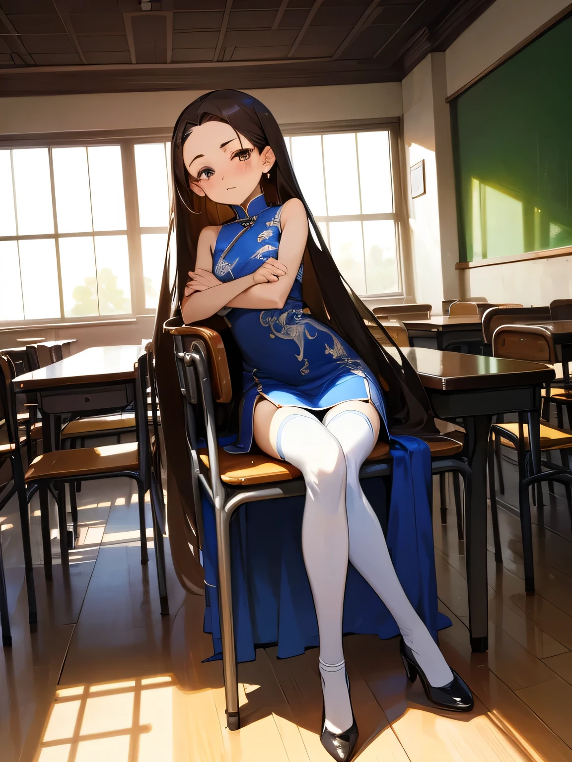 (nsfw),Alone,throw,ars old,eyelash, Russian,(brown long hair,forehead),undercut,black hair, {{{hair down}}}, very long hair, grey eyes, small breasts, butterfly hair ornament, chinese clothes, china dress, sleeveless dress, print dress, Dragon print , blue dress, garter belt, garter straps, brown thighhighs, lace-trimmed legwear, skindentation, high heels, black footwear, {sitting backwards}, crossed arms, spread legs, expressionless, annoyed, head tilt, half closed eyes, looking at viewer, blush, classroom, school, indoors, school chair, Windows, sunlight, best quality, amazing quality, very aesthetic, absurdres,Disgusting ,Functional,(manga style),(sketch),(illustration),best quality, High Quality