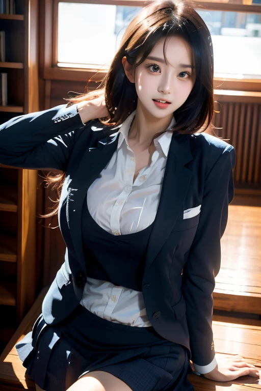majicMIX Real, (Raw Photos: 1.2), (Photorealistic: 1.4), Big, Twin Tails, Beautiful Detailed Eyes, Show Off Panties, Huge File Size, Super Detailed, High Resolution, Very Detailed, Top Quality, Masterpiece, Illustrations, Very Detailed, CG, Unification, 8k Wallpaper, Movie Lighting, 18 Years Old Girl, Cute schoolgirl wearing Japan girls' high school uniform, sexy pose, smiling, pleated skirt, lighting from below, panty shot, spreading legs, blazer, white Y-shirt,