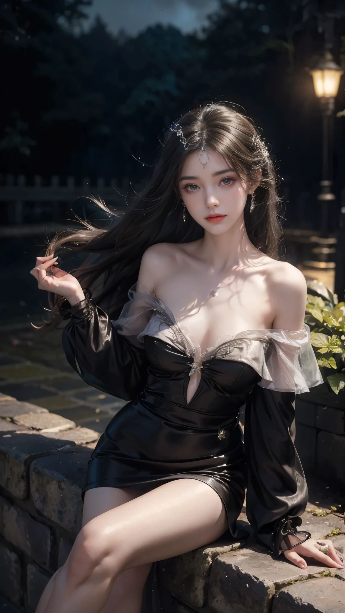(Best quality, High resolution, Masterpiece :1.3), A tall and pretty woman, Slender abs, Dark brown hair styled in loose w sh33rfl0r4l, long sleeves, black dress, off shoulder, bare shoulders, long dress, see-through, tulle dress, laser,leishe,(masterpiece, best quality:1.2), 1 girl, alone, ((off-the-shoulder clothes)), ((night)), lantern, candlelight, In the depths of Wonderland,The moonlight falls like water,foggy room,The figure of the heroine is vaguely visible,Just like the fairy in the painting,Slender sexy legs,very nice legs,Show sexy legs,big breasts,Beautiful with a hint of mystery。Her face is beautiful and delicate,Like finely carved jade,Showing otherworldly beauty。The eyebrows are picturesque,The waves in my eyes are like twinkling stars,Show the light of perseverance and wisdom。The bridge of the nose is straight,Lip color like cherry,The slightly raised corners of the mouth reveal confidence and calmness。Her face is well defined,The skin is as fair as jade,Reveals a healthy glow,Just like fairies, She never eats fireworks in this world。Her makeup is light and delicate,Not too much embellishment,But enough to show her temperament and charm。Light-colored foundation brings out the transparency of the skin,A light eyebrow pencil outlines her perfect eyebrow shape,Eye makeup is eye shadow and eyeliner,Make her eyes brighter and more energetic。Lips painted with grace lipstick,Adds a bit of charm and sophistication。Her clothes are graceful and chic,Clothes fluttering,It seems like it will be blown up by the wind at any time,drifting into the distance。Without losing grace,Also showed off her extraordinary skills。Rocking with her movements。Her hair is tied back casually,Secure it with a hosta,A few strands of hair flutter gently in the wind,Adds a bit of softness。Her figure is looming in the fairyland,Like a big breastsbeautiful landscape,Attracted everyone's concern。She seems to be a fairy in wonderland,big breastsbeautiful、grace、mystery、and full of power。