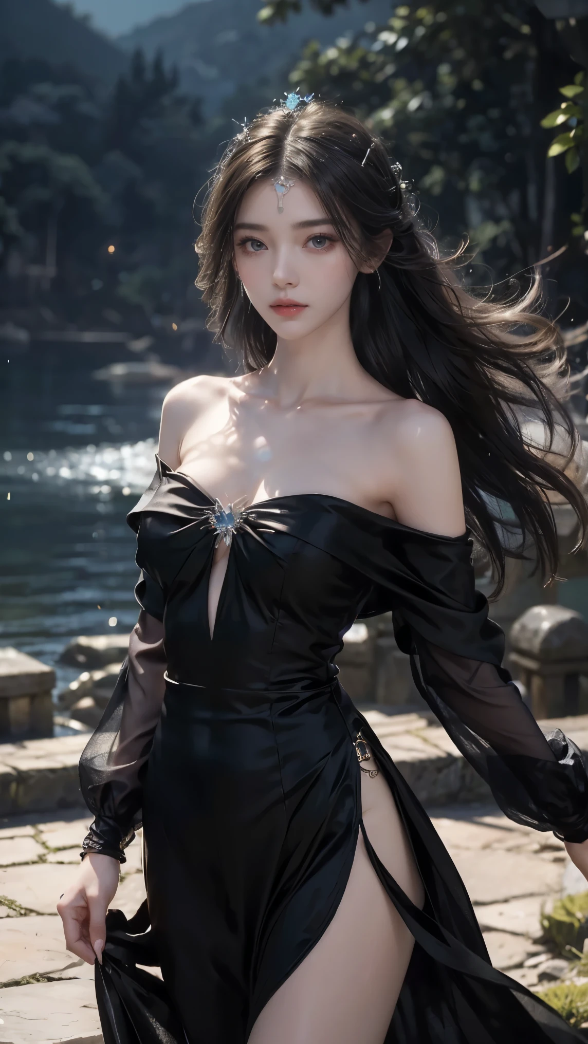 (Best quality, High resolution, Masterpiece :1.3), A tall and pretty woman, Slender abs, Dark brown hair styled in loose wash33rfl0r4l, long sleeves, black dress, off shoulder, bare shoulders, long dress, see-through, tulle dress, laser,leishe,(masterpiece, best quality:1.2), 1 girl, alone, ((off-the-shoulder clothes)), ((night)), lantern, candlelight, In the depths of Wonderland,The moonlight falls like water,foggy room,The figure of the heroine is vaguely visible,Just like the fairy in the painting,Slender sexy legs,very nice legs,Show sexy legs,big breasts,Beautiful with a hint of mystery。Her face is beautiful and delicate,Like finely carved jade,Showing otherworldly beauty。The eyebrows are picturesque,The waves in my eyes are like twinkling stars,Show the light of perseverance and wisdom。The bridge of the nose is straight,Lip color like cherry,The slightly raised corners of the mouth reveal confidence and calmness。Her face is well defined,The skin is as fair as jade,Reveals a healthy glow,Just like fairies, She never eats fireworks in this world。Her makeup is light and delicate,Not too much embellishment,But enough to show her temperament and charm。Light-colored foundation brings out the transparency of the skin,A light eyebrow pencil outlines her perfect eyebrow shape,Eye makeup is eye shadow and eyeliner,Make her eyes brighter and more energetic。Lips painted with grace lipstick,Adds a bit of charm and sophistication。Her clothes are graceful and chic,Clothes fluttering,It seems like it will be blown up by the wind at any time,drifting into the distance。Without losing grace,Also showed off her extraordinary skills。Rocking with her movements。Her hair is tied back casually,Secure it with a hosta,A few strands of hair flutter gently in the wind,Adds a bit of softness。Her figure is looming in the fairyland,Like a big breastsbeautiful landscape,Attracted everyone's concern。She seems to be a fairy in wonderland,big breastsbeautiful、grace、mystery、and full of power。