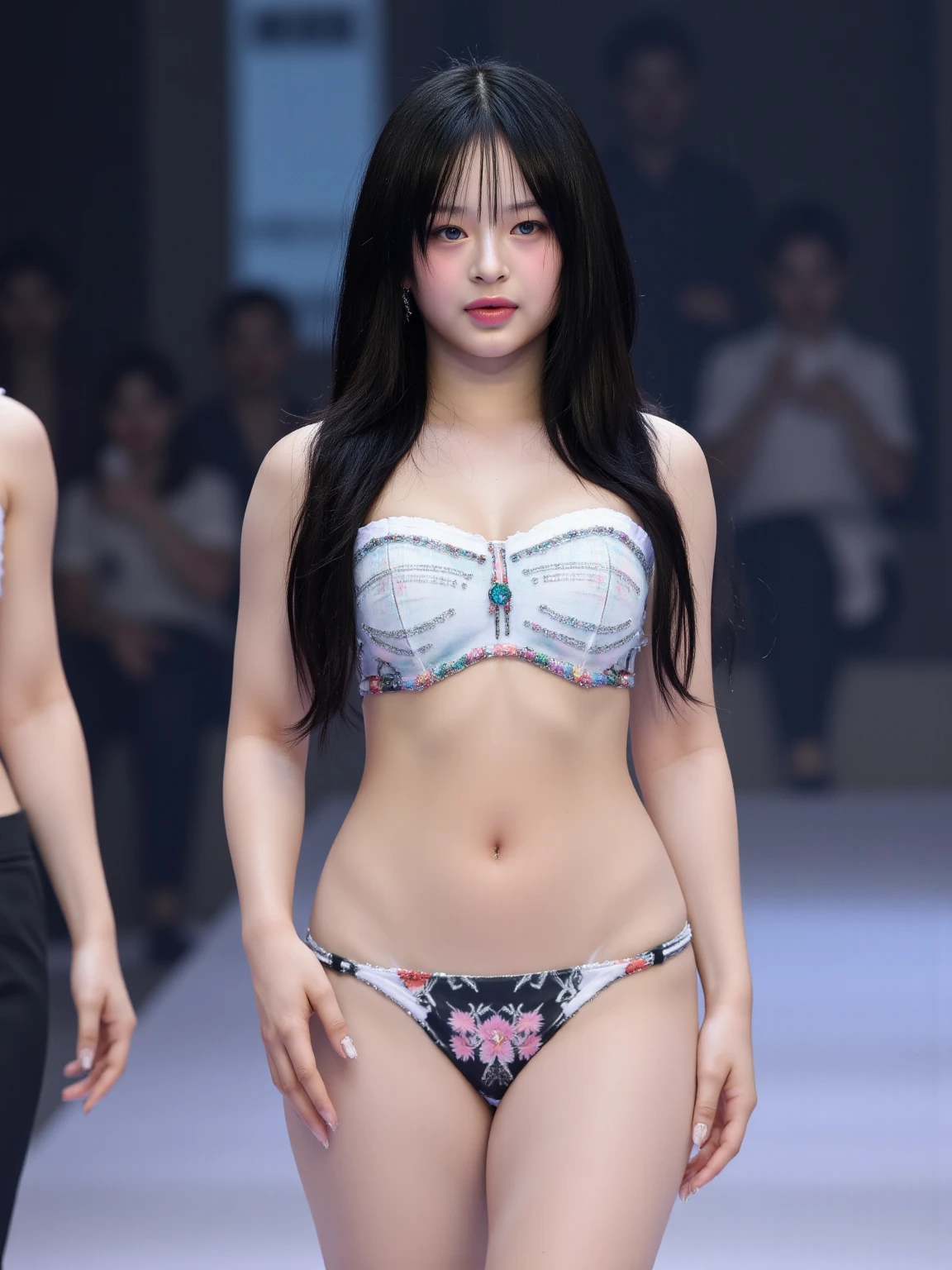 nsfw, 8k, best quality, highres, realistic, real person, A dynamic scene of a female model walking confidently down a runway, surrounded by a large audience under bright lights. The model is elegantly dressed in a high-fashion outfit, with the spotlight focused on her. She exudes confidence and grace as she strides forward. The audience is captivated, and the atmosphere is vibrant and glamorous, capturing the essence of a high-end fashion show. Turquoise jewelry, denim shorts, ankle boots, Big breasts, cleavage, beautiful legs, long beautiful legs, beautiful waist, exposed belly button