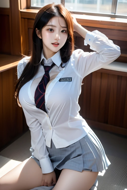 A Korean girl walks through school,schools,White wall,Gray table,
(((tmasterpiece))), ((best qualtiy)), ((intricately details)), ((ultra-realistic realism)), Ridiculous res, A MILF, Mature woman, ssee-through, highly detailed, illustratio, 1girll, ((Large breasts)), perfect hand, detailed finger, Beautiful detailed eyes, long whitr hair, with brown eye, name badge, vd, (Korean school clothing:1.2), School blazer, School shirts, a skirt, Long school tie, 耳Nipple Ring, detailedbackground, Bedrooms, perfect eyes, Seductive eye, looking at viewert, From the front