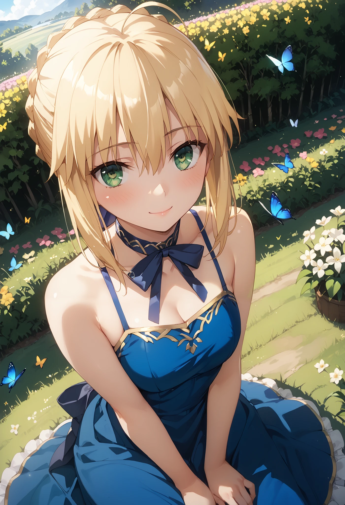 1girl, artoria pendragon (fate), solo, dutch angle, from above, blonde hair, green eyes, (beautiful detailed eyes: 1.4), blue ribbon, cute summer dress, outdoors, flower field, butterflies, cute smile, blush, seductive pose, wallpaper, masterpiece, natural lights, high quality, highly detailed