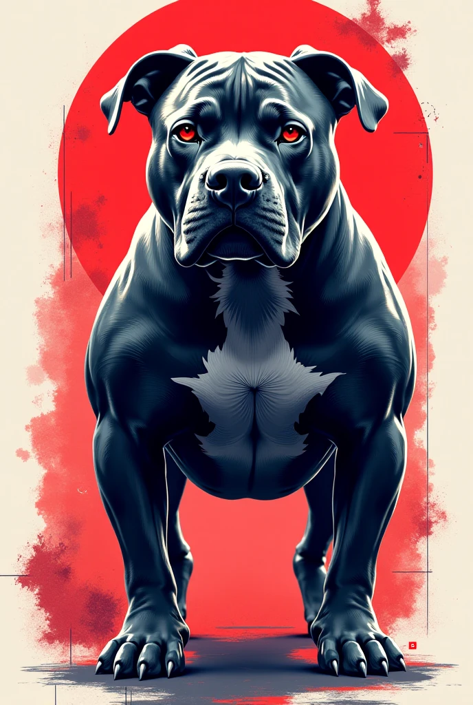 Image of a realistic American Bully XL dog in grayscale and red, with half of the face in skeleton, with broken glass details, on black background