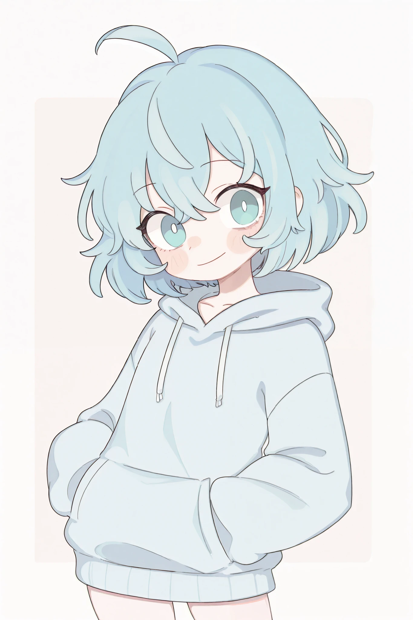A woman with midnight blue hair has blue and light blue eyes, her hair is short, and she is wearing a white and light blue hoodie, looking from right to left and smiling.