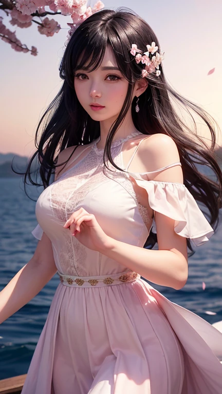 (logo、masterpiece、8k、Tabletop、RAW Photos、wonderful、最high quality、フォトリアルでVery detailedなCG合成8k壁紙、high quality、Very detailed、Narrative poem、Particle Effects、Dynamic Effects、Depth of the Boundary) What is written is、Cinematic Light、Lens flare、Ray Tracing)、Fantasy、(night、night空、Starry Sky、full moon)、(Girl looking up at the sky)、(Red dress)、sit、cute、Japanese style、(smile)、Long Black Hair、Strong winds、(Hair blowing in the wind)、Natural light、moonlight、(Horizontal photography)、(breast enhancement)、(Low position)、(Low - Angle)