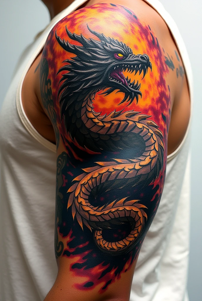 Now generate another not so realistic game of thrones tattoo, that is on the upper part of the triceps and covers the right shoulder and pectoral 