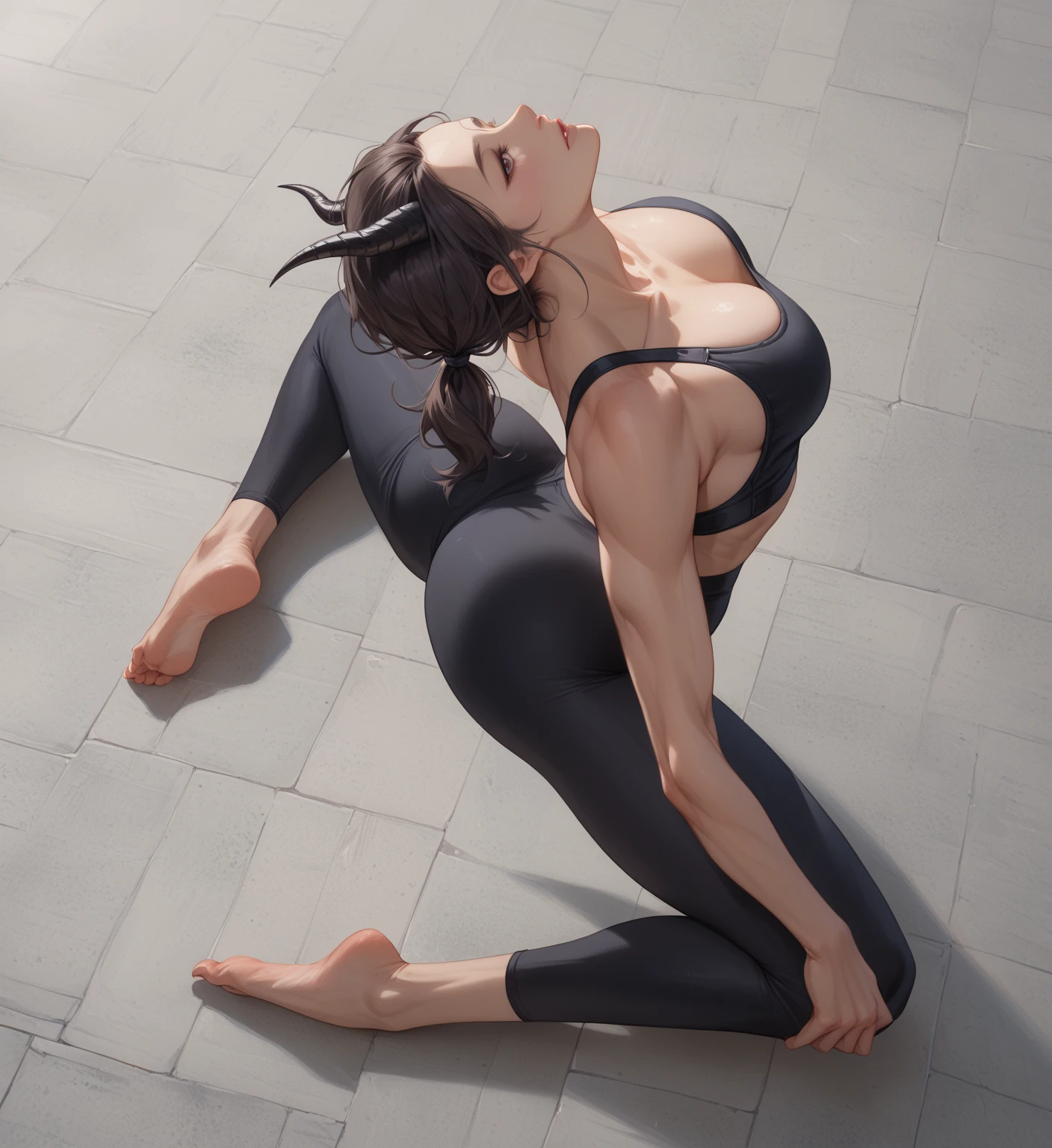 masterpiece,(bestquality),highlydetailed,ultra-detailed, cold , solo , ( 1girl ) , detailedeyes , (red eyes),(beautiful detailed eyes),(long hair), (white hair:silver hair:0.6), Wing-like bangs , Dull hair ,(Hair rings),(braid),(barefoot), (black hair),(breasts:0.8), (jewelry:0.8), (lips), (necklace), (photo:medium),photorealistic,realistic, (sitting), (spread legs:0.6), (stretch), (tank top)