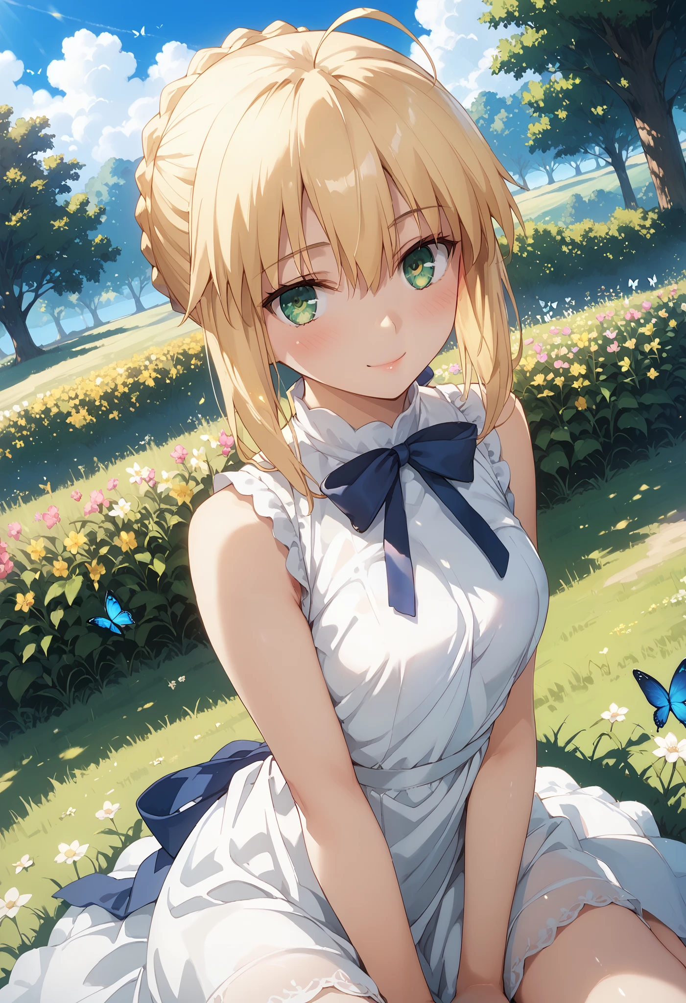 1girl, artoria pendragon (fate), solo, dutch angle, blonde hair, green eyes, (beautiful detailed eyes: 1.4), blue ribbon, cute summer dress (white), sleeveless, outdoors, flower field, butterflies, cute smile, blush, seductive pose, wallpaper, masterpiece, natural lights, high quality, highly detailed