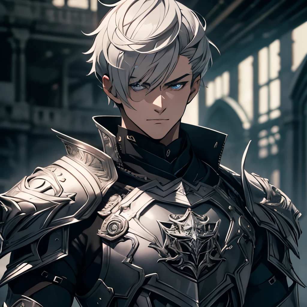 A grown man alone. male. age 27 years. height 1,80. whole body. short silver hair. short hair. Armadura leve de luta cor Black, Black, armadura na cor Black, with . haughty look. bright blue eyes . detailed eyes . gloomy countenance, smiling. dynamic pose .