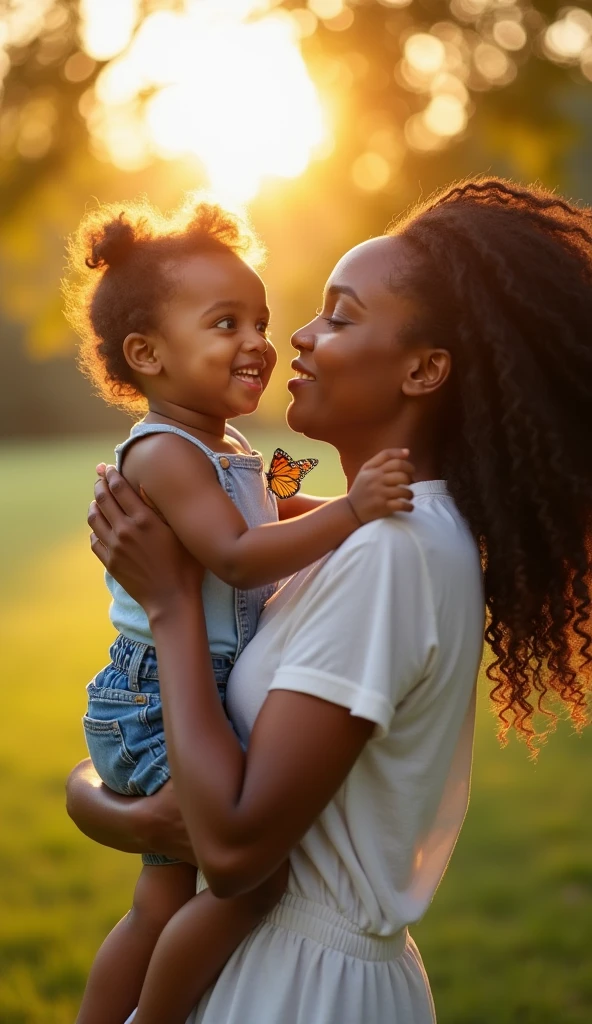 A 36-year-old Brazilian brown-skinned mother and her 3-year-old fair-skinned daughter in a beautiful garden