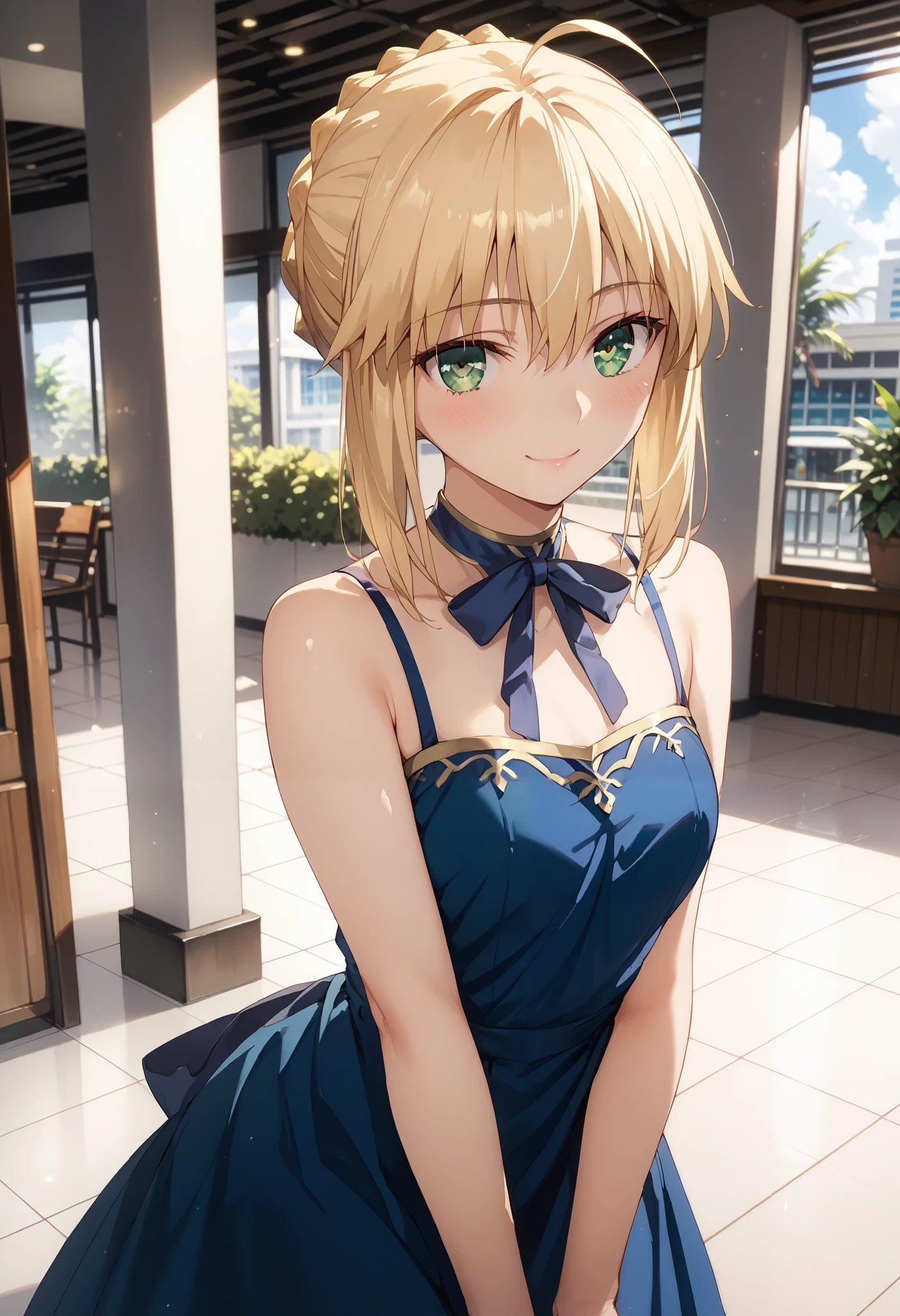 1girl, artoria pendragon (fate), solo, dutch angle, blonde hair, green eyes, (beautiful detailed eyes: 1.4), blue ribbon, cute summer dress (white), bare shoulders, outdoors, mall courtyard, cute smile, blush, seductive pose, wallpaper, masterpiece, natural lights, high quality, highly detailed