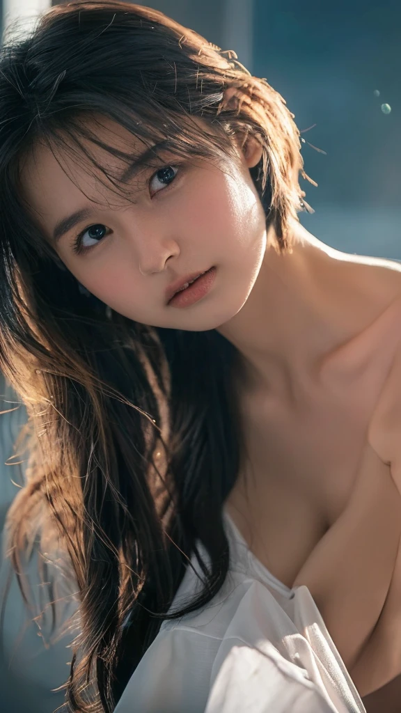 ((top quality, 8k, masterpiece: 1.3)), women (full body portrait, front, babydoll wearing, wet clothes, big breasts, cleavage),choppy sea, surfing, surf pose, overhead camera, sharp focus: 1.2, cute women: 1.4, (((hairstyle random)), wet hair, very detailed face and skin and hair texture, detailed eyes, double eyelids, white skin, beautiful delicate nose, Cute young Japan woman, 28 years old, at a dynamic angle, is pleasing to the eye and suggestive composition, emphasizing the subject's hair, eyes, mouth and action, while exuding melancholy emotions characterized by a contrasting mix of muted tones and light and shadow,