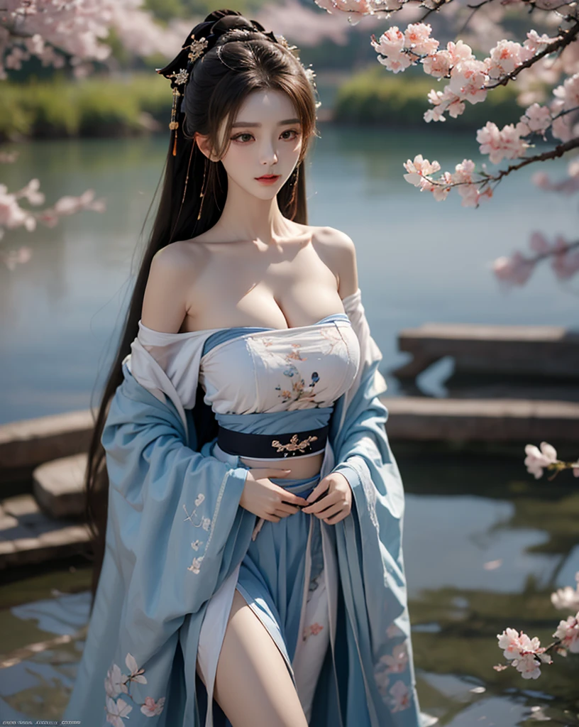 (Front focus),full bodyesbian,Erotic Hanfu,suspender stockings,Clear silk,huge tit,flower sea,Petals flying,photographrealistic,动态照明,artstation,Volumetriclighting,Very detailed faces,4 k,Award-Awarded, 1girl, low key, cowboy shot, (official clothes:1.4), long whitr hair,