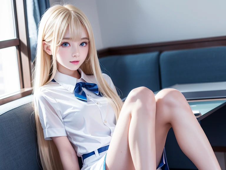 highest quality、masterpiece、ultra high resolution、(photorealistic:1.4)、glowing skin、shiny skin、raw photos、1 girl、1people、solo、18-year-old、high school girl、((blonde、golden hair))、Full body Esbian、double eyelid、Loose and fluffy perm、medium long hair、、soft chest、Super exposed cleavage、red skirt、white cutter shirt、Glamour、Navel exposed、on the train、cry、crying face、sad look