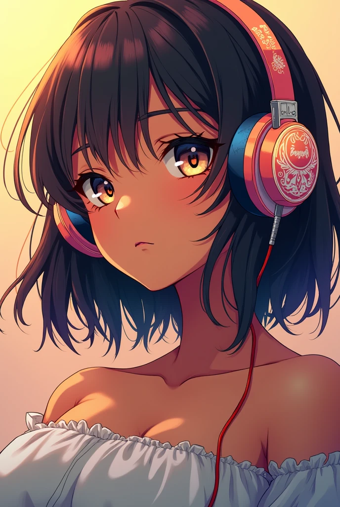 Perfect image, 8k, high school girl、Big Breasts、Mature、 Using headphones, 2D-style animation, Lo-Fi, Swimwear、Beach、evening、Emotional、Retro、Anime style illustrations