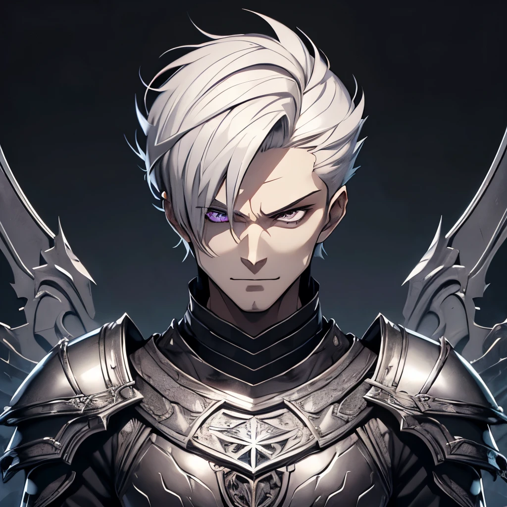 A grown man alone. male. age 27 years. height 1,75. thin . whole body. short white hair . short hair. Armadura leve de luta cor Black, Black, armadura na cor Black, with . haughty look. bright purple eyes . detailed eyes . gloomy countenance, smiling. dynamic pose .